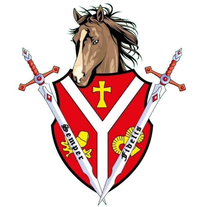 Logo in Form eines Wappens mit Pferdekopf.